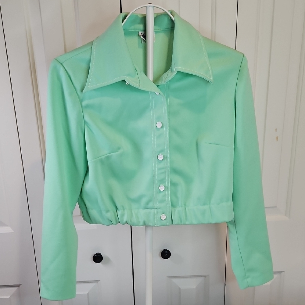 Vintage Hoot Owl Mint Green Button-Up Cropped Jacket Girls 70s 80s